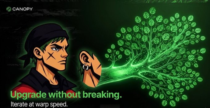 An anime-style illustration of a man with a bandana and a green energy tree growing from his ear, branded "CANOPY" with text "Upgrade without breaking. Iterate at warp speed."