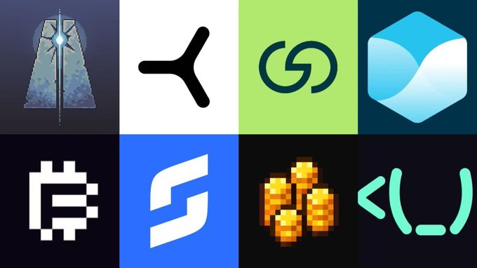 The image features a grid of eight logos, each representing a different cryptocurrency or project. These logos include Bitcoin, Ethereum, Ripple, and others. The logos are arranged in four rows with two columns, showcasing various aspects of these digital assets such as their names, symbols, and colors. This collection of logos provides an overview of the diverse projects within the cryptocurrency space, allowing viewers to easily compare and contrast them based on their unique features and characteristics.