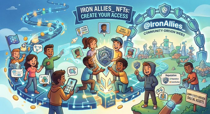 A colorful illustrated graphic titled 'IRON ALLIES_NFTS: CREATE YOUR ACCESS' with '@ironAllies_', featuring cartoon characters interacting with digital assets, shields, and coins in a community-driven Web3 environment.