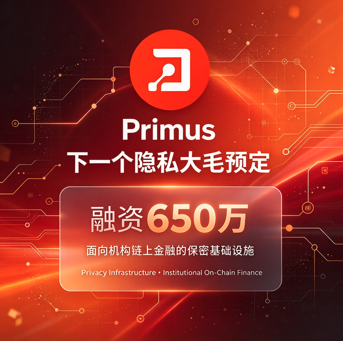 A promotional graphic for 'Primus' featuring text in Chinese '下一个隐私大毛预定' and '融资650万', along with 'Privacy Infrastructure • Institutional On-Chain Finance'.