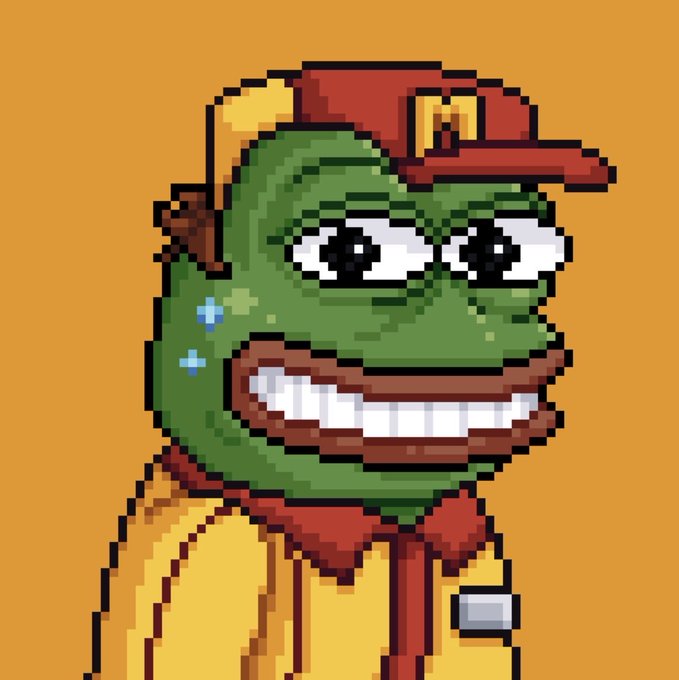 A pixelated illustration features a smiling Pepe the Frog wearing a red cap with a yellow 'M' and a yellow outfit.