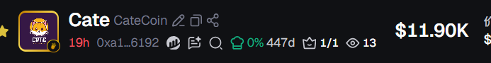 Cryptocurrency listing for Cate (CateCoin) showing a price of $11.90K with various stats including 19h, 0xa1...6192, and 447d age.
