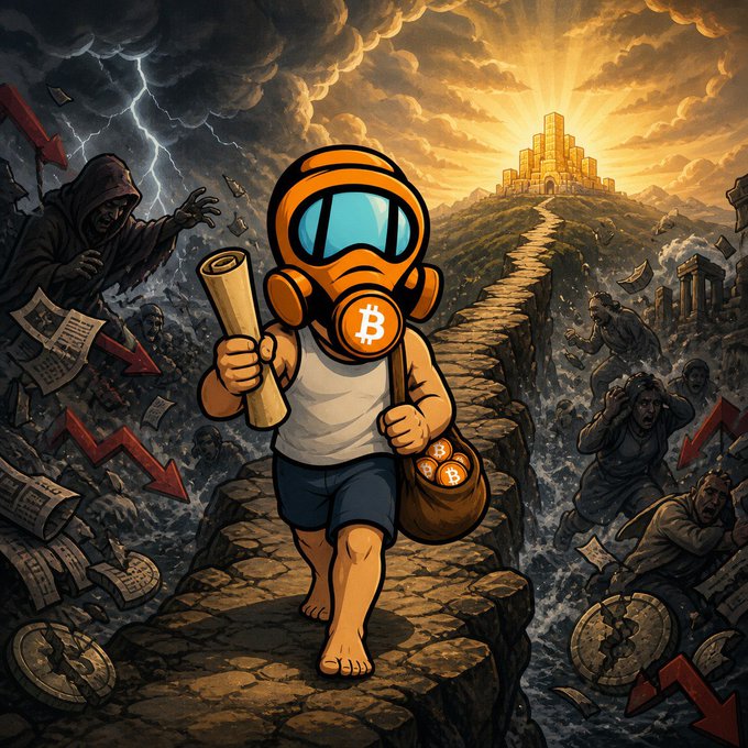A digital illustration of a character wearing an orange Bitcoin-themed gas mask and helmet, walking across a stone path holding a scroll and a bag of Bitcoin coins, with a glowing golden city on a hill in the background and dark stormy skies with falling markets on the left.