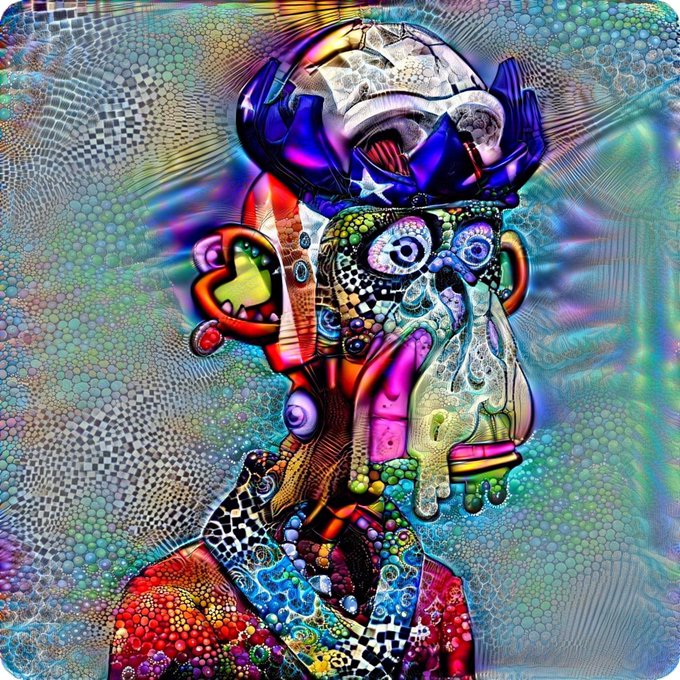 A vibrant, psychedelic digital artwork depicting a distorted, colorful face/figure with intricate patterns, multiple eyes, and surreal melting elements in bright neon colors against a checkered background.