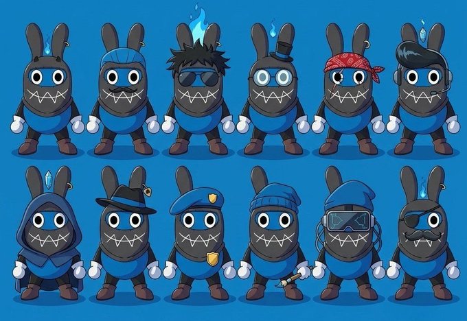 A character design sheet showing twelve variations of a blue ninja-like character with rabbit ears and a toothy stitched-mouth mask, each wearing different accessories like sunglasses, hats, hoods, and a police uniform.