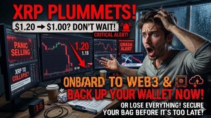 A sensational thumbnail image screams 'XRP PLUMMETS! $1.20 → $1.00? DON'T WAIT!' while urging viewers to 'ONBOARD TO WEB3 & BACK UP YOUR WALLET NOW' to avoid losing everything.