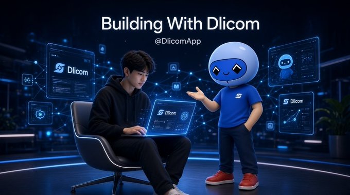 Promotional graphic reading 'Building With Dlicom @DlicomApp' showing a young man working on a laptop next to a blue-hooded mascot character surrounded by app interface screens.