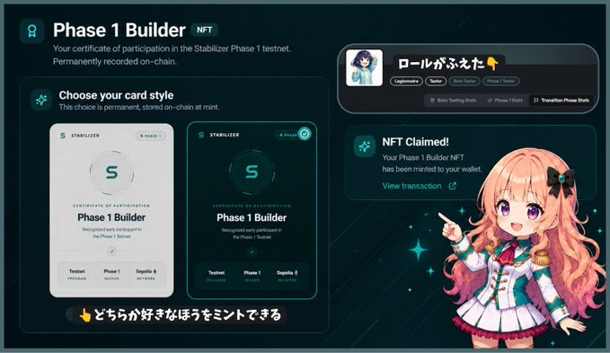An NFT minting interface titled 'Phase 1 Builder NFT' showing a card style selection for 'Stabilizer Phase 1 testnet', with an anime-style character illustration and the text 'NFT Claimed!' alongside 'ロールがふえた' (Role increased).