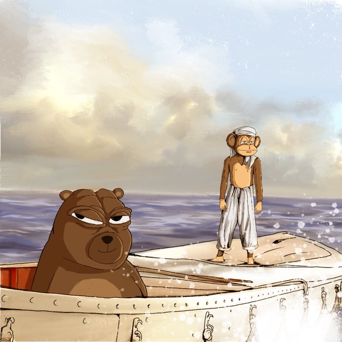 A grumpy-looking brown bear sits in a small lifeboat with a swordfish, while a monkey wearing a white cap and pants stands confidently on the bow, gazing out at the ocean under a cloudy sky. The whimsical, cartoonish scene reflects the playful, meme-like aesthetic tied to the "Jungle Bay" crypto community branding.