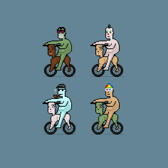 A pixel art image showing four muscular men with various hats and accessories riding bicycles in an unusual manner.