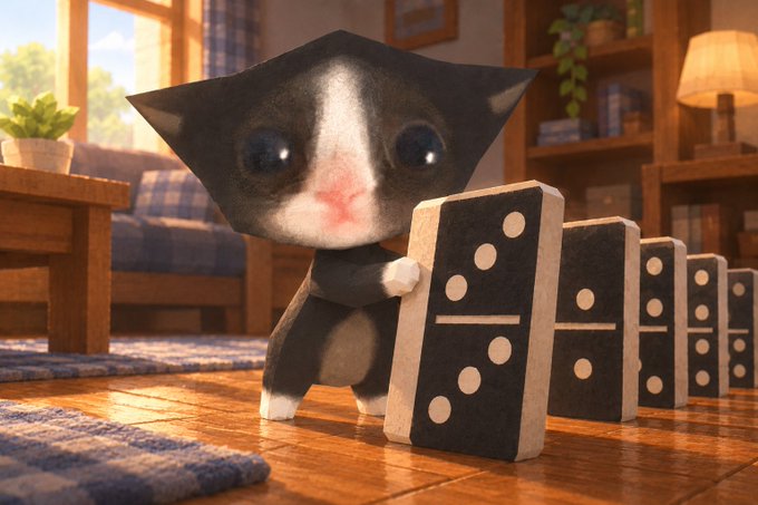 A digitally rendered scene featuring a small kitten standing upright next to a row of falling wooden dominoes inside a cozy living room.