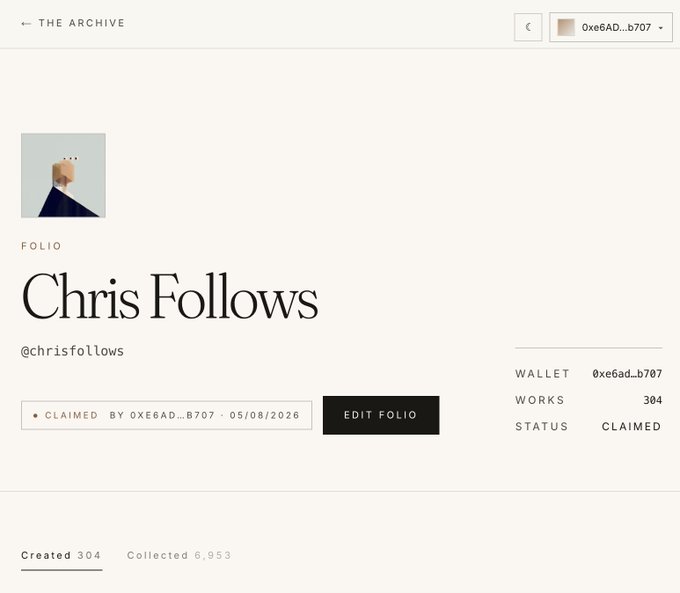 A webpage titled 'THE ARCHIVE' showing a profile for 'Chris Follows' (@chrisfollows), with a wallet address '0xe6aD...b707', status 'CLAIMED', '304' works, and '6,953' collected.