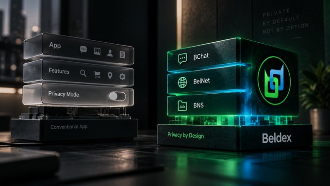 A 3D-rendered comparison graphic shows a 'Conventional App' with options for App, Features, and Privacy Mode versus a green glowing 'Beldex' cube labeled 'Privacy by Design' featuring BChat, BelNet, and BNS, with text reading 'PRIVATE BY DEFAULT, NOT BY OPTION'.