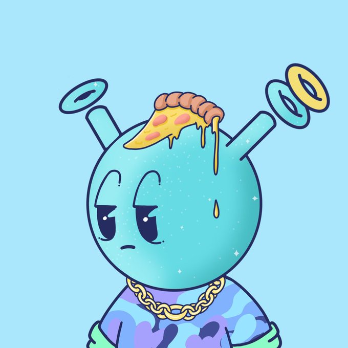 A cartoon-style illustration of a teal round character with a pizza slice on its head, wearing a gold chain and a purple/blue patterned shirt.