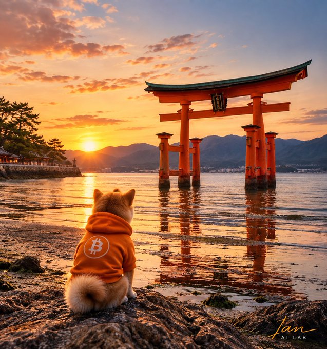 An AI-generated image signed "Ian AI LAB" showing a Shiba Inu dog wearing an orange Bitcoin hoodie, sitting on rocks and looking toward a red torii gate in the water at sunset.