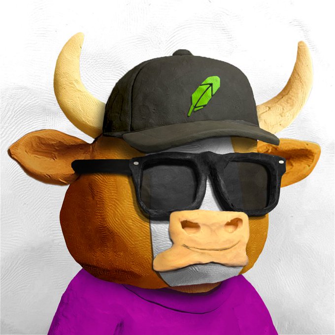A 3D-rendered cartoon bull character wears black sunglasses and a dark cap with a green feather logo, dressed in a purple shirt against a plain background.