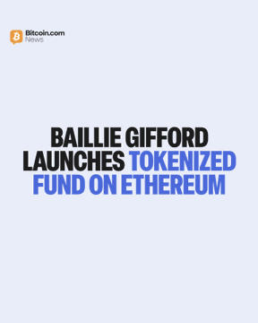 The image is a news graphic from Bitcoin.com News featuring the headline "BAILLIE GIFFORD LAUNCHES TOKENIZED FUND ON ETHEREUM" in bold black and blue text on a white background. It visually announces Baillie Gifford's launch of its tokenized Enhanced Yield Fund ($BAGEY) on Ethereum, aligning with the post's description of the fund being issued natively onchain as tokenized fund interest.