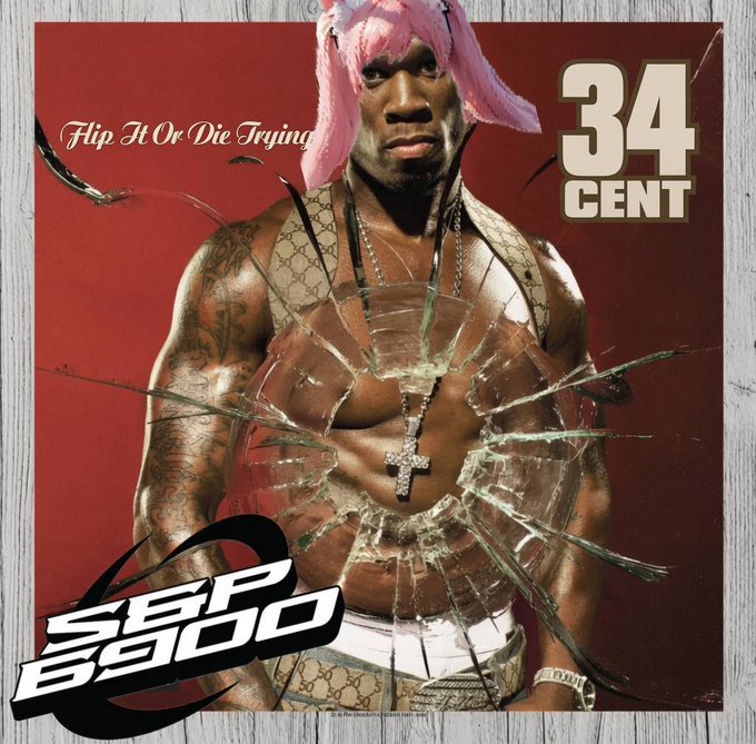 A humorous photoshopped image combining 50 Cent's 'Get Rich or Die Tryin'' album cover with a pink bunny ear hat filter, labeled '34 CENT' with 'Flip It Or Die Trying' parody text.