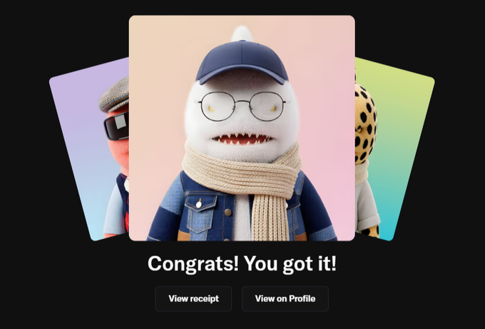 A screen displays 'Congrats! You got it!' above buttons for 'View receipt' and 'View on Profile,' featuring three Bored Ape NFT characters, with the central one wearing a cap, glasses, and scarf.