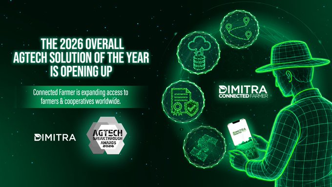 A promotional graphic for Dimitra's "2026 Overall AgTech Solution of the Year" award, showing a green wireframe farmer holding a phone alongside icons representing farm, certification, and data components.