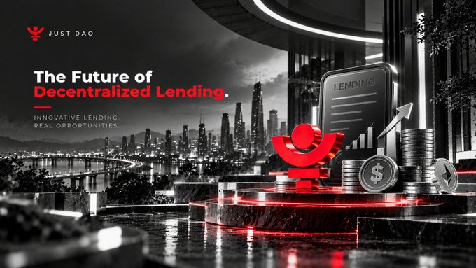 A promotional banner for Just DAO featuring the tagline 'The Future of Decentralized Lending' and 'Innovative Lending, Real Opportunities,' showing a red DAO logo and coins in a modern cityscape.