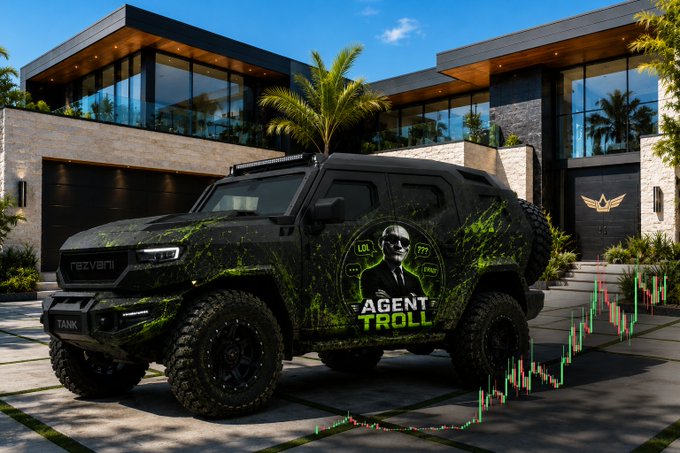 The image features a black SUV with green and white designs, parked outside of a large house. The car has a man's face painted on its side, which adds a unique touch to the vehicle. The house itself appears to be modern and luxurious, with a large garage door visible in the background. In addition to these elements, there are also some numbers displayed in the image, possibly representing financial data or statistics related to the property.