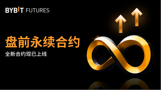 A promotional banner for "BYBIT FUTURES" advertising pre-market perpetual contracts ("盘前永续合约"), featuring a golden infinity symbol and upward arrows on a black background.