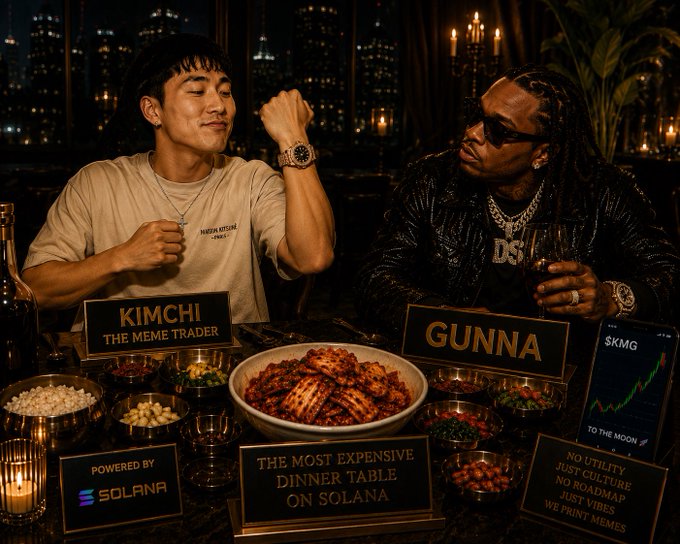 Two men seated at a lavish dinner table titled "THE MOST EXPENSIVE DINNER TABLE ON SOLANA," with nameplates identifying "KIMCHI THE MEME TRADER" and "GUNNA," powered by Solana, alongside a phone displaying the ticker "$KMG TO THE MOON".