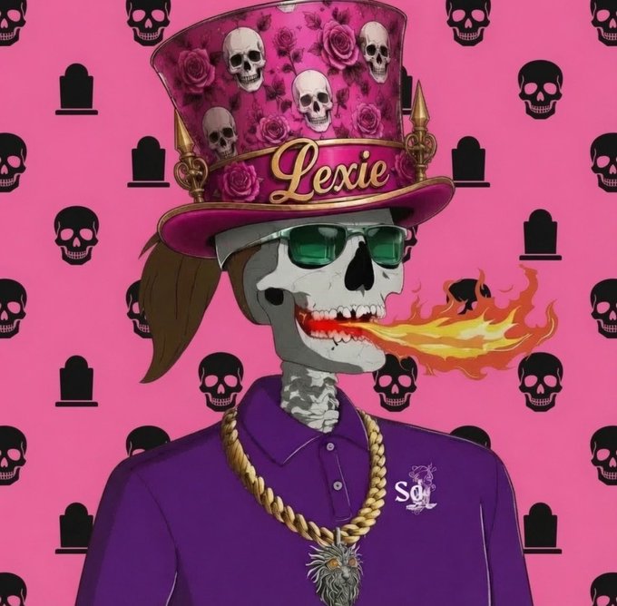 A stylized digital illustration of a skeleton character named 'Lexie' breathing fire, wearing a pink rose-patterned top hat, sunglasses, and a purple polo shirt with gold chains, set against a pink skull-patterned background.