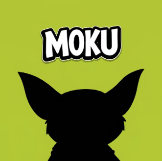A logo or graphic featuring the word 'MOKU' above a black silhouette of a cat's head against an olive green background.