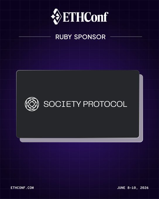 The image features an advertisement for an event called "ETHConf" that takes place from June 8-10, 2016 at the Javits Center in New York City. The poster displays a black square with white text that reads "Society Protocol", indicating the theme of the conference. The poster also includes a logo and sponsor information, specifically mentioning Ruby Sponsor Ruby Sponsor.