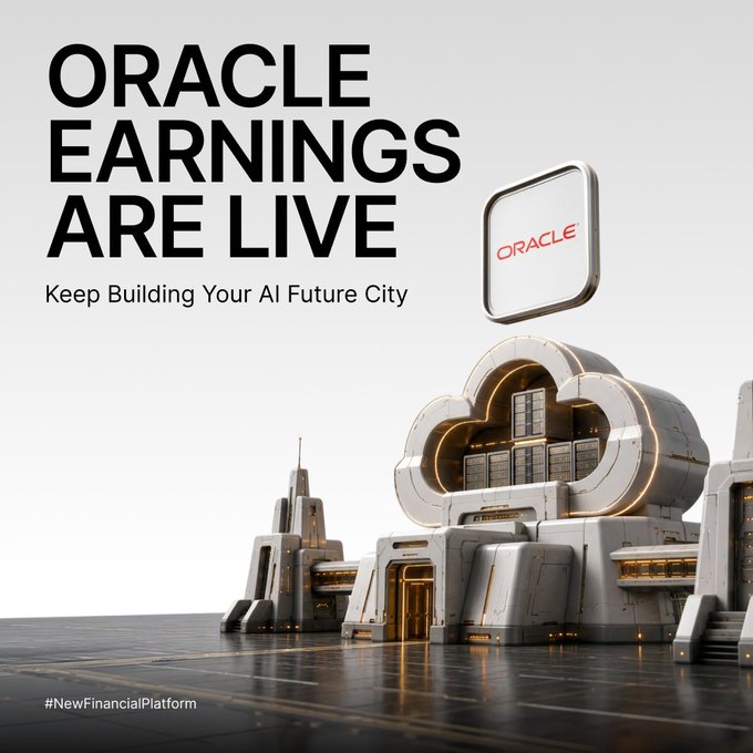 A promotional graphic for Oracle's earnings features bold text reading "ORACLE EARNINGS ARE LIVE" and "Keep Building Your AI Future City" alongside a futuristic white and gold sci-fi building topped with the Oracle logo. The image, tagged "#NewFinancialPlatform," visually ties to the post's invitation to build an AI Future City by collecting ORCL fragments through a Bybit campaign offering up to $2,500 in rewards.