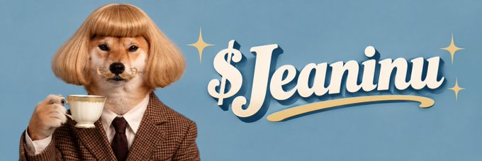 A Shiba Inu dog wearing a blonde bob wig, tweed jacket, and tie holds a teacup next to the text '$Jeaninu'.