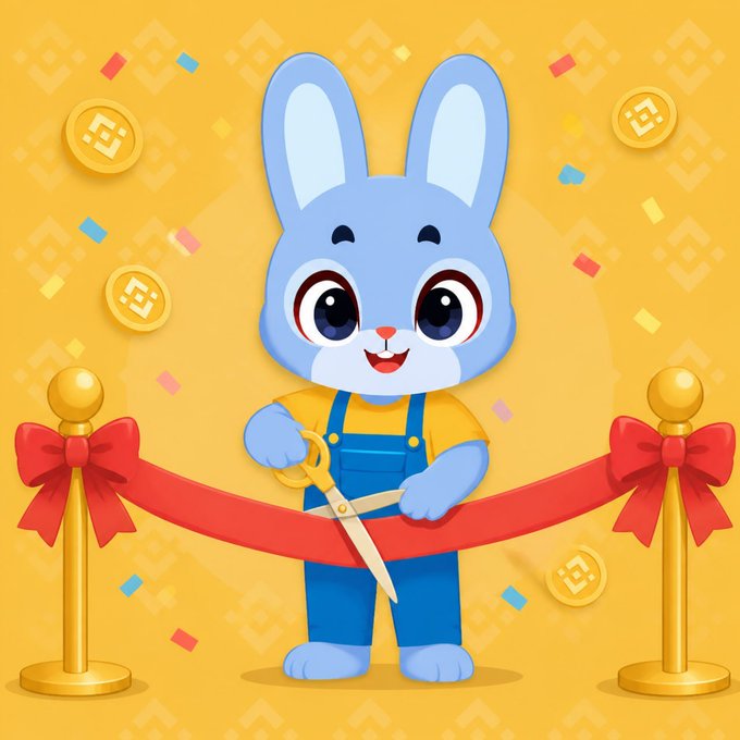A cartoon illustration of a blue rabbit character wearing yellow shirt and blue overalls, holding scissors and cutting a red ribbon, surrounded by gold coins and confetti on a yellow background.