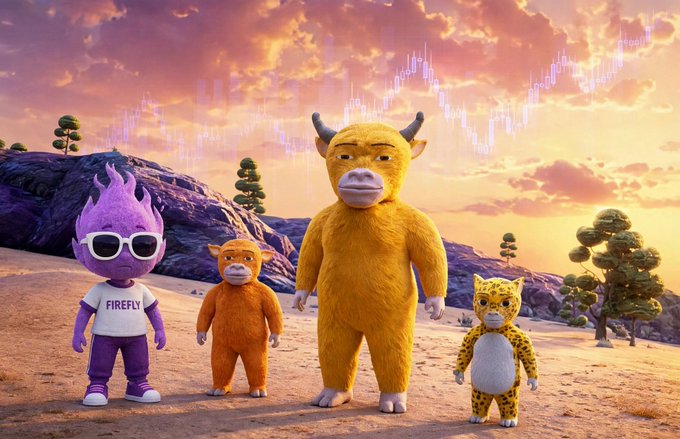Four colorful 3D-animated characters stand in a desert at sunset: a purple flame-headed figure wearing sunglasses and a "FIREFLY" t-shirt, a small orange creature, a tall yellow horned beast, and a spotted leopard-like being, with a glowing audio waveform rippling across the sky above them—matching the post's theme of spotting emerging trends in social feeds before they hit the charts.