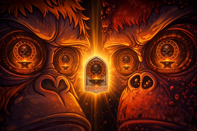 A symmetrical, fiery digital artwork featuring two monstrous faces flanking a central glowing emblem with skull motifs and the text "GRAVEMINT.IO" and "GD," visually parodying a meme acknowledging the project's failure to meet absurd expectations and announcing a 50% discounted second mint at 0.06 SOL along with tiered merchandise rewards.