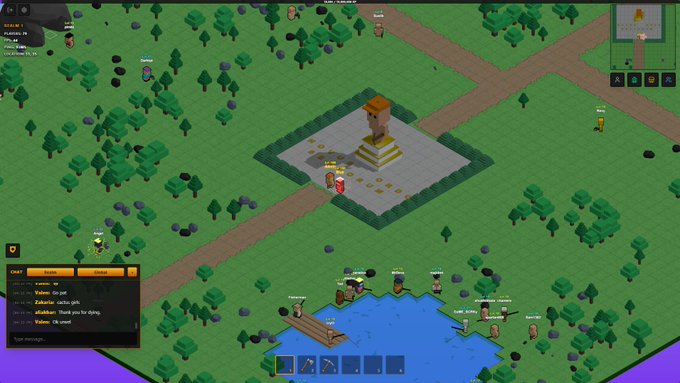 A screenshot of a voxel-style multiplayer game showing a character in armor standing at a central monument in a forest, with a chat window at the bottom left and other player characters visible nearby.