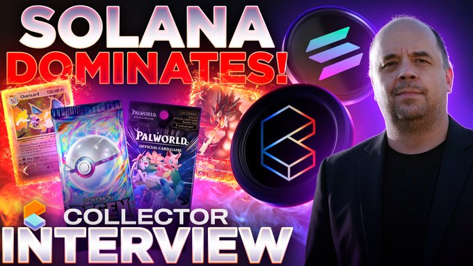 The image is a YouTube thumbnail featuring a bald man in a black suit beside graphics of Solana cryptocurrency logos, Pokémon trading cards, and Palworld promotional material. Bold text reads "SOLANA DOMINATES!" at the top and "COLLECTOR INTERVIEW" at the bottom, promoting the accompanying interview with CEO Tuom Holmberg about Solana's success.