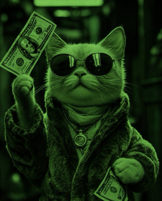 A green-tinted image features a cool cat wearing aviator sunglasses, a fuzzy bathrobe, and a dollar-sign medallion, confidently holding up $100 bills. The image's flashy, money-obsessed vibe ties into the "GM Soon..." post, with the "GM" (Good Morning) greeting paired with the cat's smug, "woke up rich" attitude suggesting a bullish crypto day ahead.
