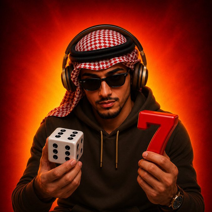 A stylized AI-generated image shows a man wearing a red and white keffiyeh, sunglasses, and headphones, holding a large white die showing 5 in one hand and a red number 7 in the other against a fiery red background.