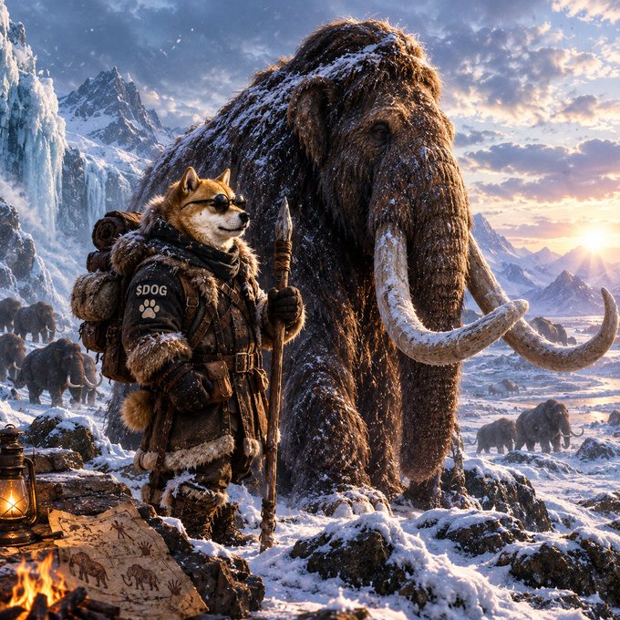 Digital fantasy artwork depicting an anthropomorphic Shiba Inu wearing a winter coat and sunglasses labeled '$DOG', standing beside a large woolly mammoth in a snowy mountain landscape at sunset.
