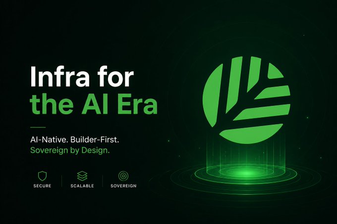 The image features a green logo for Infra for the Al Era, which is an open source project aimed at promoting innovation and collaboration within the tech industry. The logo consists of a circle with a green arrow pointing towards it, symbolizing progress and forward movement. The text "Happy new week, next wave of innovation won't come from teams with the biggest budgets It will come from builders with the best ideas" emphasizes the importance of open-source projects in driving innovation.