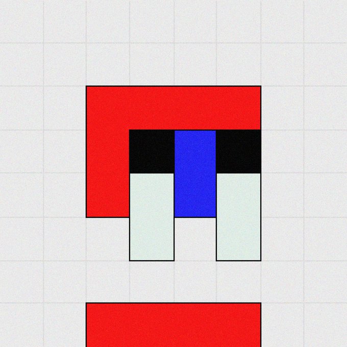 A geometric abstract artwork features overlapping red rectangles, a central blue rectangle, and black and light green blocks arranged on a gridded background, presented as a special edition constraint-based digital art piece created collaboratively and gifted to the artist.