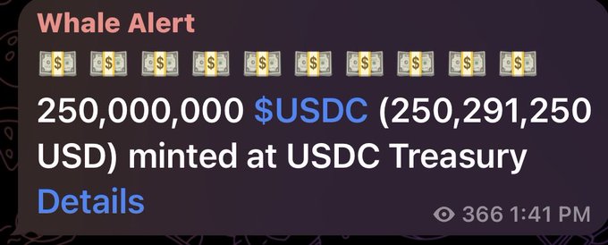 A "Whale Alert" notification announces that 250,000,000 USDC (worth $250,291,250 USD) was minted at the USDC Treasury. This aligns with the post's mention of "another 250m new dollars issued," indicating a recent liquidity expansion for USDC.