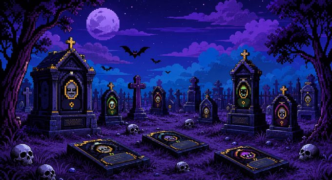 A pixel art Halloween-themed graveyard scene featuring ornate tombstones with skull motifs, scattered human skulls, silhouetted bats, and a large full moon in a purple night sky.