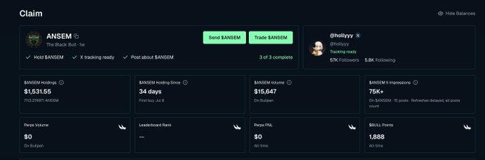 A dashboard showing a 'Claim' interface for ANSEM (@blknoiz06), displaying holdings of $1,531.55, a 34-day receiving streak, $15,647 value, and 75K+ points across transactions.