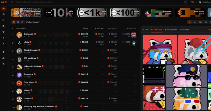 A screenshot of an NFT marketplace displaying various pixel art collections including OrdinAzuki, Idols, Bitcoin Puppets, BTC Machines, Nakamoto Archives, Runestone, Pizza Ninjas, Mikaru, Ordidot, and Fusion, with a list of pixelated character images on the right side.
