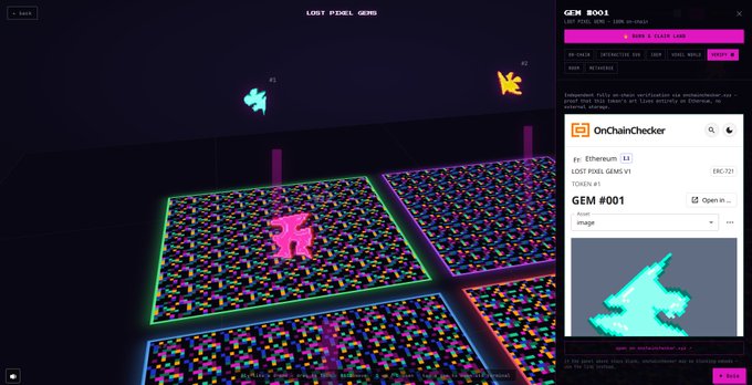A screenshot of the 'LOST PIXEL GEMS' NFT game interface showing a pink character and other game elements, with an OnChainChecker panel on the right displaying 'GEM #001' priced at 'ESC 721'.