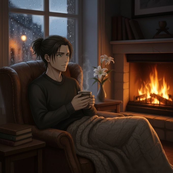 An anime-style illustration of a man with dark hair in a ponytail sitting in a leather armchair by a fireplace, holding a steaming mug of coffee while a blanket covers his lap.