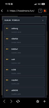 A mobile screenshot of the hoodons.fun website displaying a list of pixel tokens including saborg, 43bf1d, 6465e1, co11, cc31c, ceydon, and ab9018.